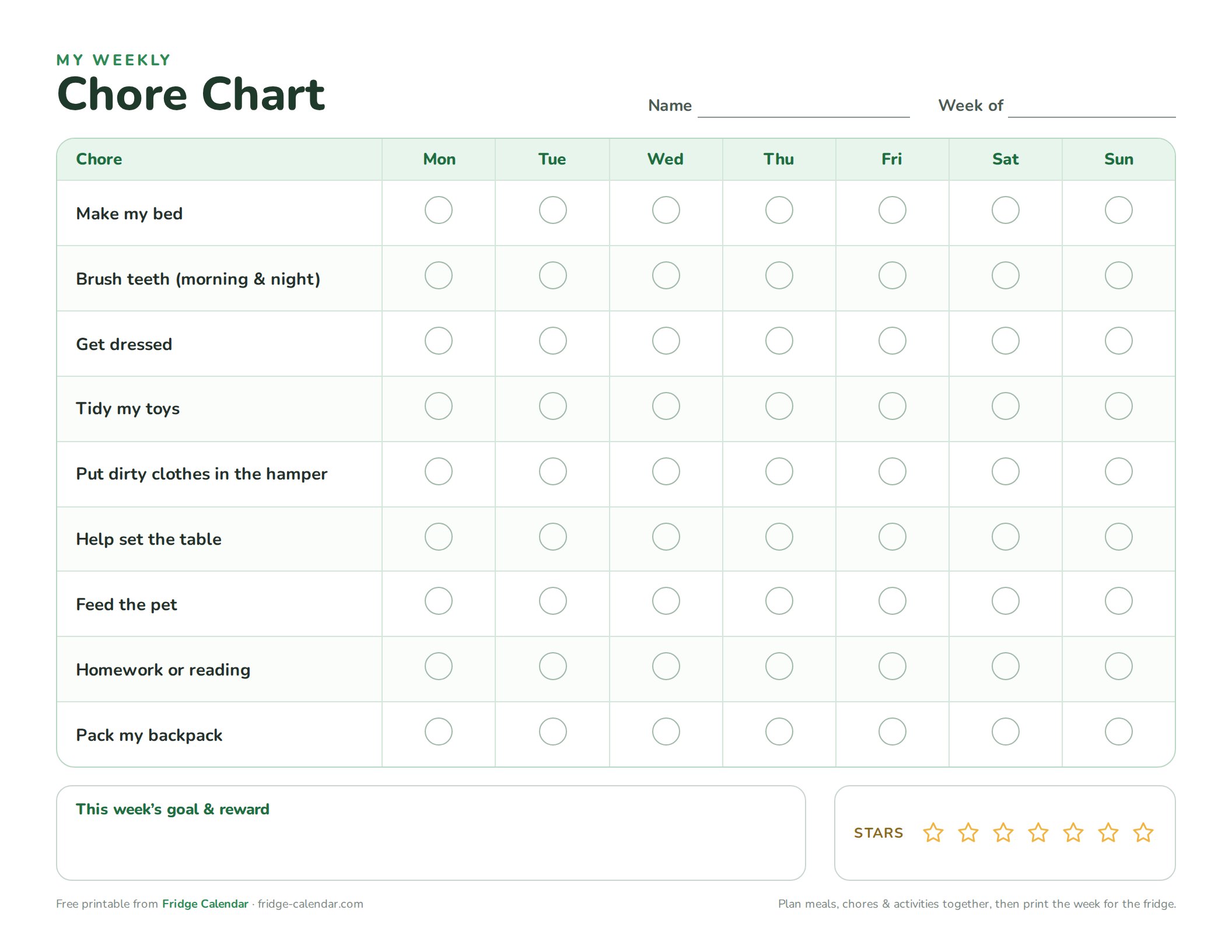 Printable chore chart for kids with chores filled in