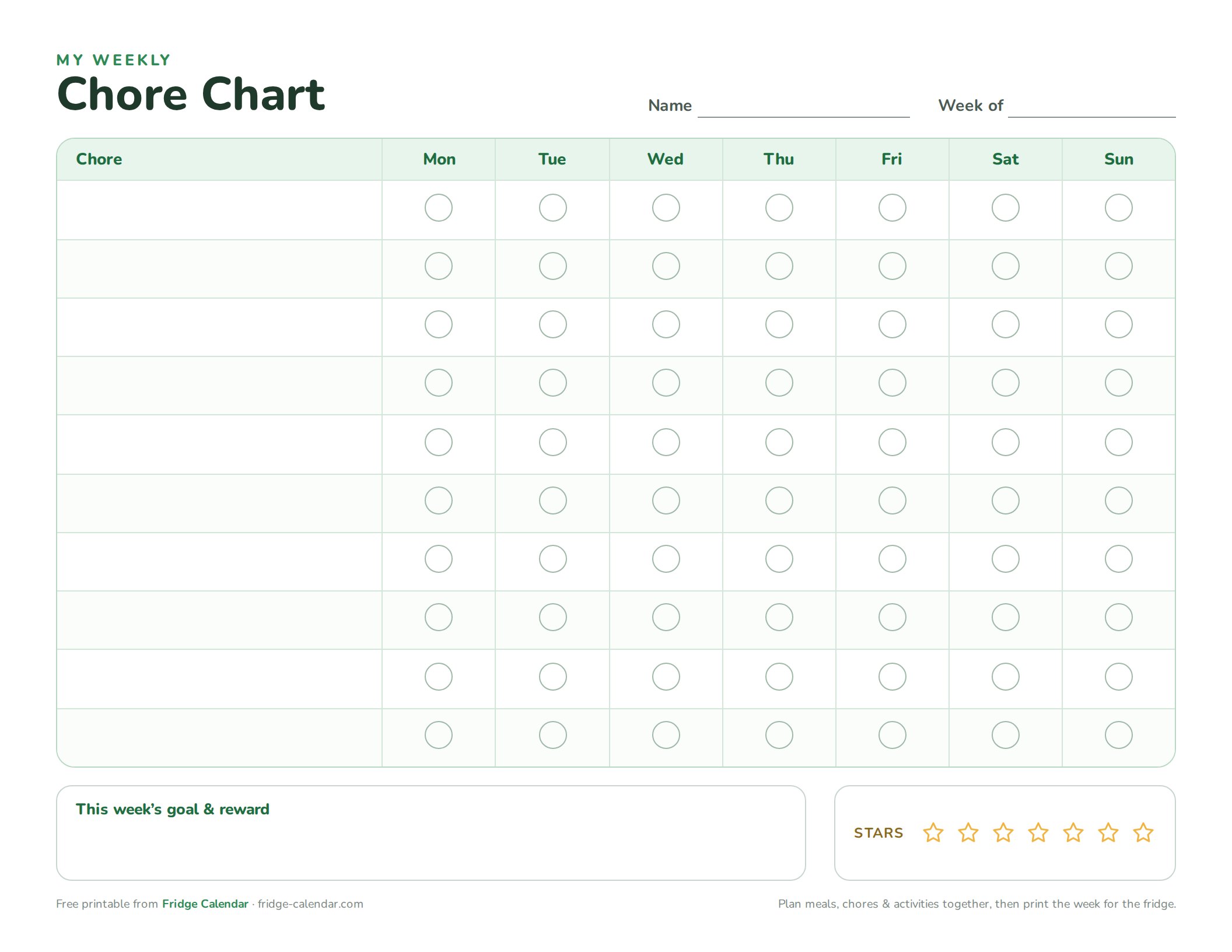 Blank printable weekly chore chart for kids